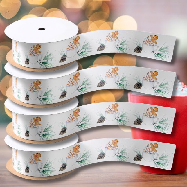 Gingerbread Hot Cocoa Watercolor With Pine Cone Satin Ribbon (Creator Uploaded)