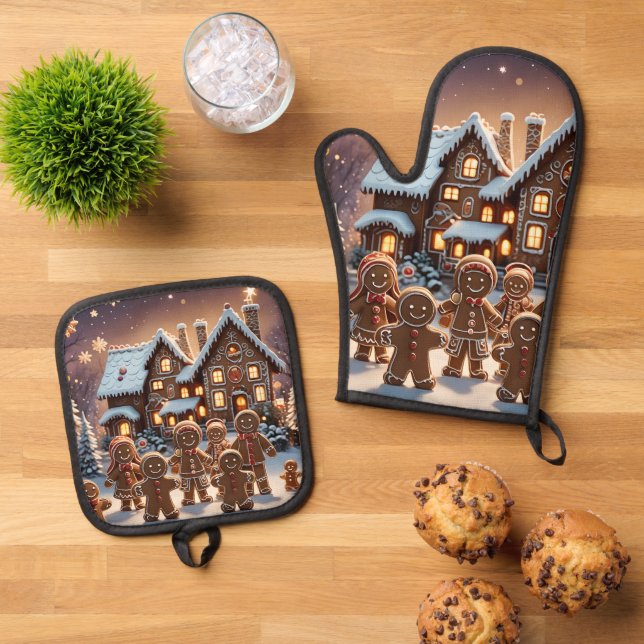 Gingerbread house and cute gingerbread family  oven mitt & pot holder set (Top Down)