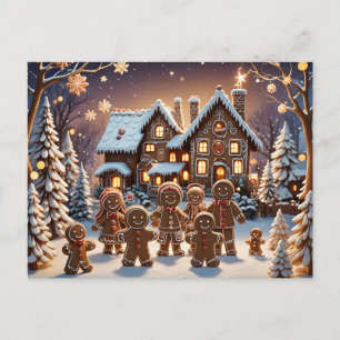 Gingerbread house and cute gingerbread family postcard