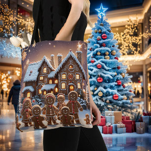 Gingerbread house and cute gingerbread family tote bag