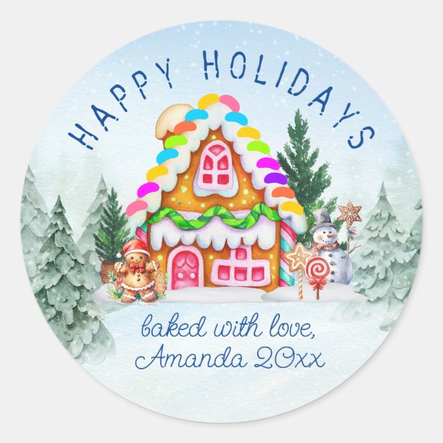 Gingerbread House Baked with Love Winter Holiday Classic Round Sticker (Front)