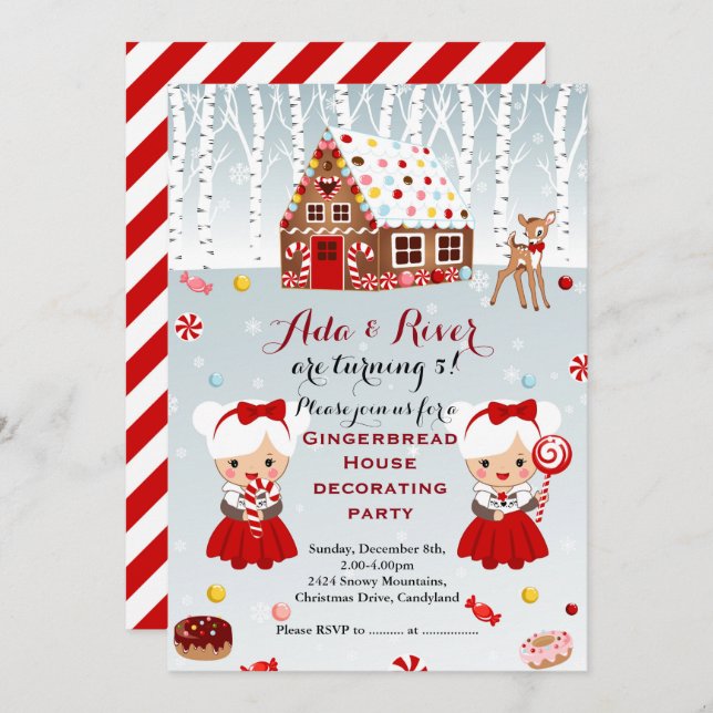 Gingerbread House Birthday Party twins Invitation (Front/Back)