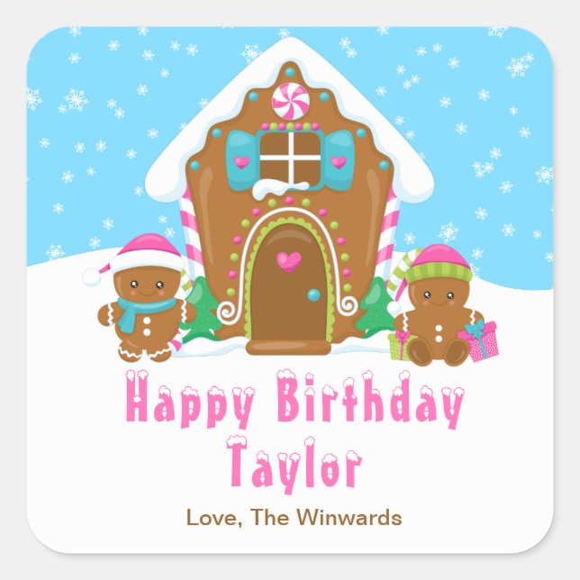 Gingerbread House Blue and Pink Happy Birthday Square Sticker (Front)