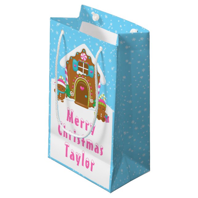 Gingerbread House Blue and Pink Merry Christmas Small Gift Bag (Front Angled)