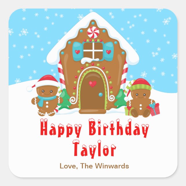 Gingerbread House Blue and Red Happy Birthday Square Sticker (Front)