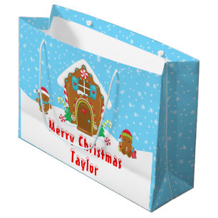 Gingerbread House Blue and Red Merry Christmas Large Gift Bag