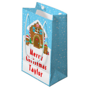 Gingerbread House Blue and Red Merry Christmas Small Gift Bag