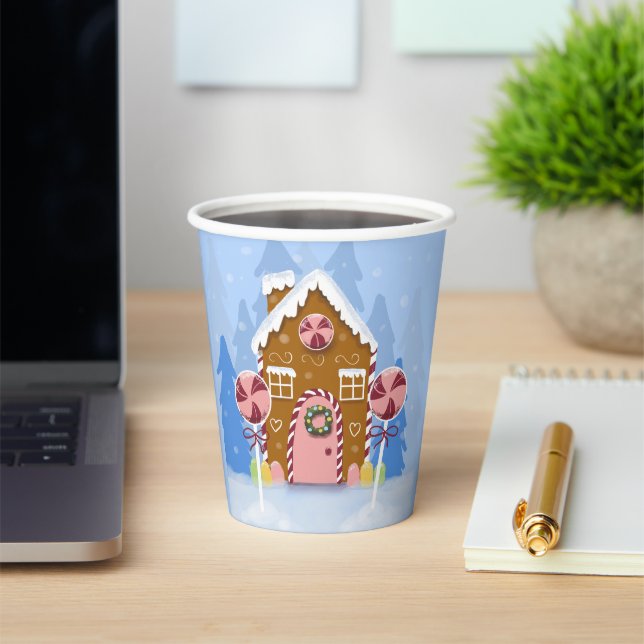 Gingerbread House Blue Holiday Paper Cups (Insitu)