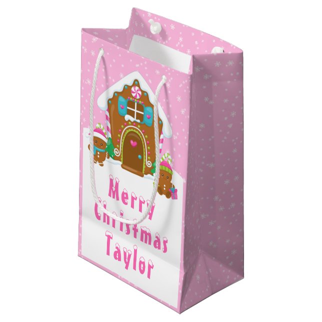Gingerbread House Bright Pink Merry Christmas Small Gift Bag (Front Angled)