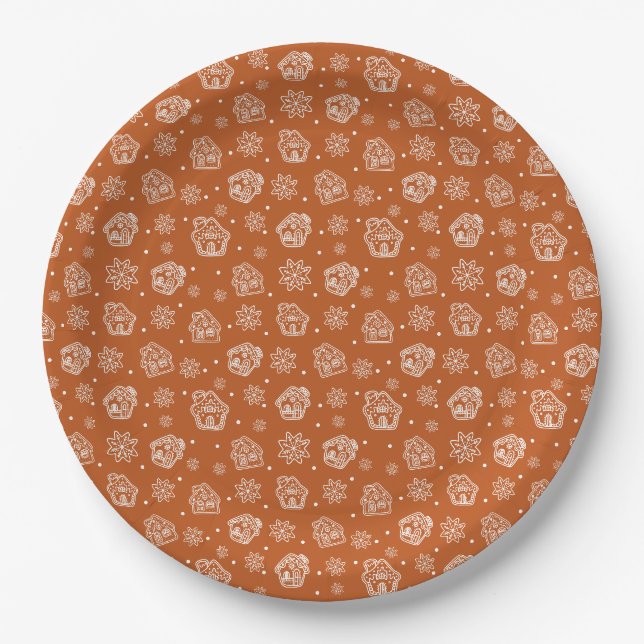 Gingerbread House Brown Patern  Paper Plate (Front)