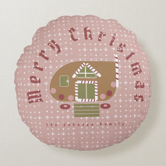 Gingerbread House Camper Family Name Round Pillow (Front)