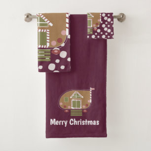 Gingerbread House Camper Wine Bath Towel Set