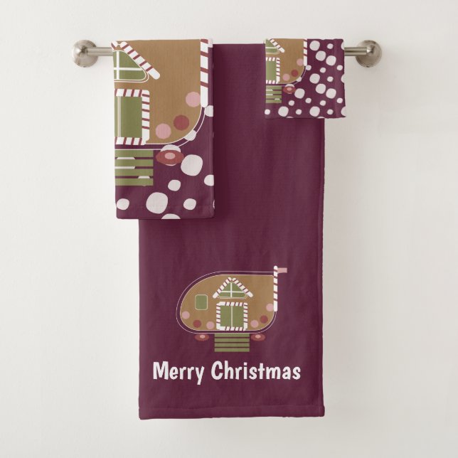 Gingerbread House Camper Wine Bath Towel Set (Insitu)
