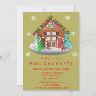 Gingerbread House Candy Cane Gold Holiday Party Invitation