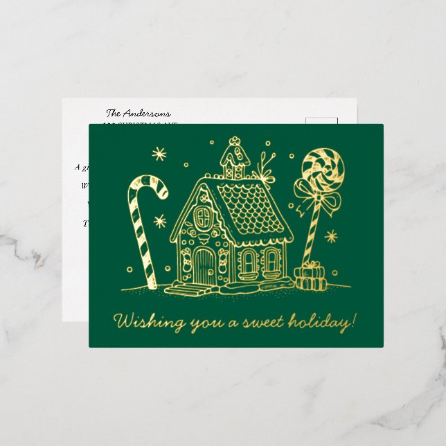 Gingerbread House | Candy Cane Green  Foil Holiday Postcard (Front/Back)