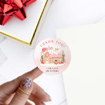 Gingerbread House Christmas Birthday Thank you Classic Round Sticker<br><div class="desc">Embrace the magic of the holidays with our Pink Gingerbread House Birthday Thank You stickers. Make your celebration memorable with these charming party thank-you favour stickers. They're a sweet way to express your heartfelt thanks. Make your child's party unforgettable—spread love, and share joy. Edit Text by clicking Personalize. Matching items...</div>