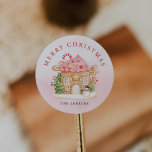 Gingerbread House Christmas  Classic Round Sticker<br><div class="desc">Merry Christmas Pink Gingerbread House Round Sticker is perfect for gift tags,  envelope seals,  and favour bags. Edit Text by clicking Personalize. Matching items in our store Cava party design.</div>