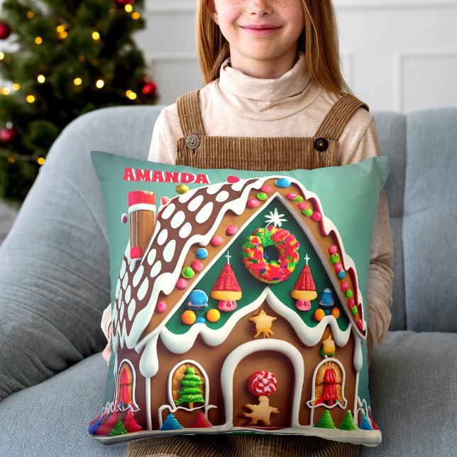 Gingerbread House Christmas Personalized Kids Throw Pillow (Creator Uploaded)