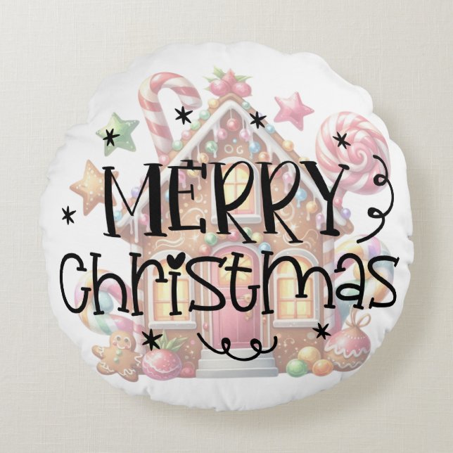 Gingerbread house Christmas Round Pillow (Front)