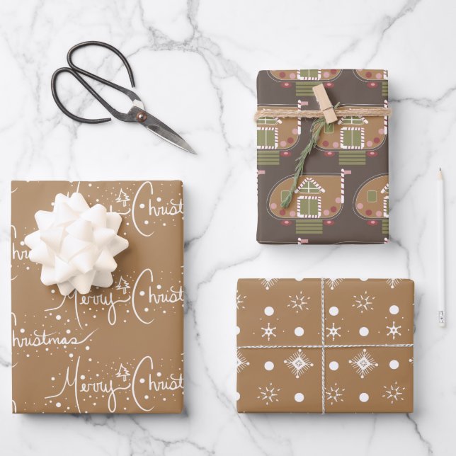 Gingerbread House  Christmas Snowflakes Brown Wrapping Paper Sheet (Front)
