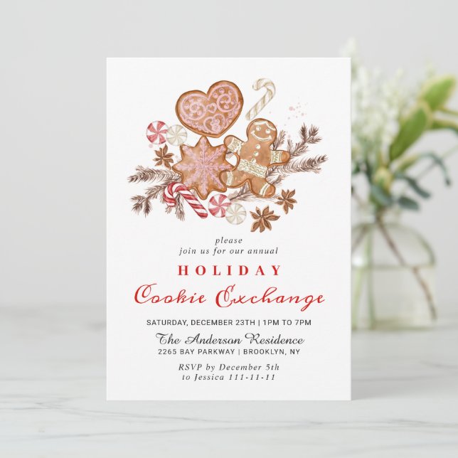 Gingerbread House Cookie Exchange Christmas Party Invitation (Standing Front)