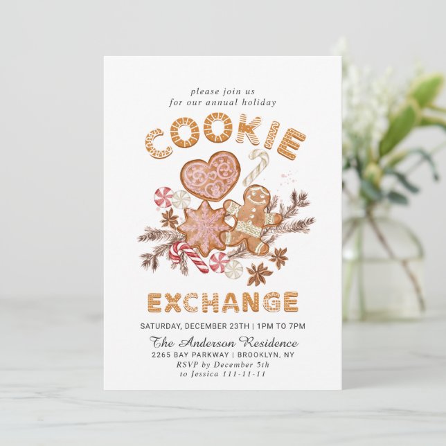 Gingerbread House Cookie Exchange Christmas Party Invitation (Standing Front)