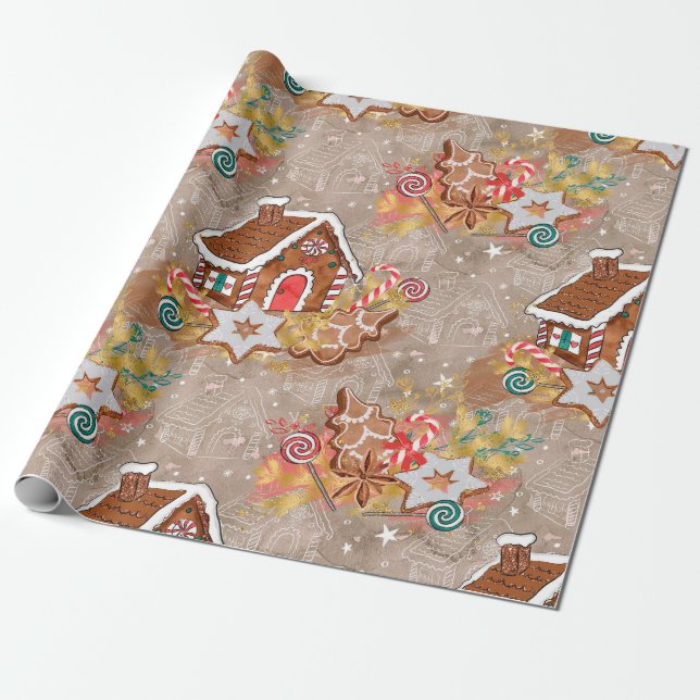Gingerbread House & Cookies Gift Wrap Paper (Unrolled)