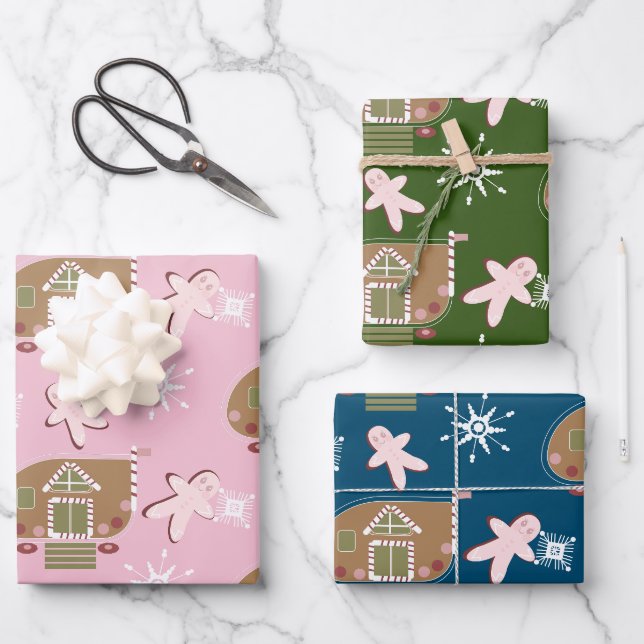 Gingerbread House Cookies Pink Snowflakes  Wrapping Paper Sheet (Front)