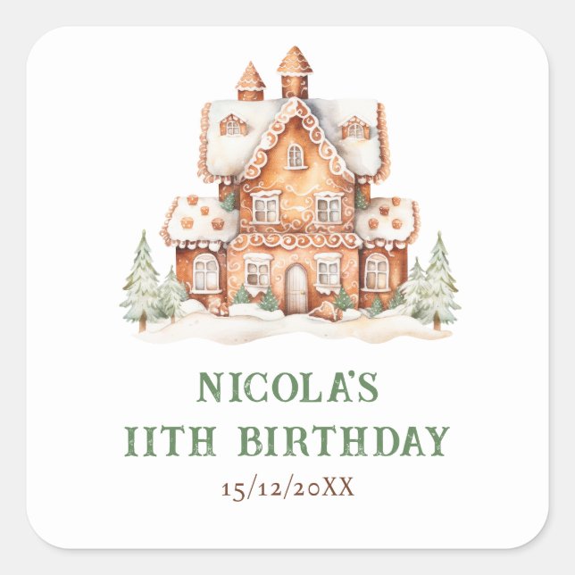 Gingerbread House Decorating Birthday Party Square Sticker (Front)