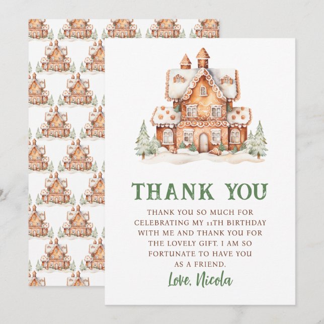 Gingerbread House Decorating Birthday Party Thank You Card (Front/Back)