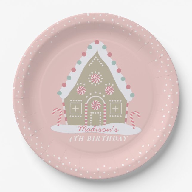 Gingerbread House Decorating Birthday Pink Paper Plate (Front)
