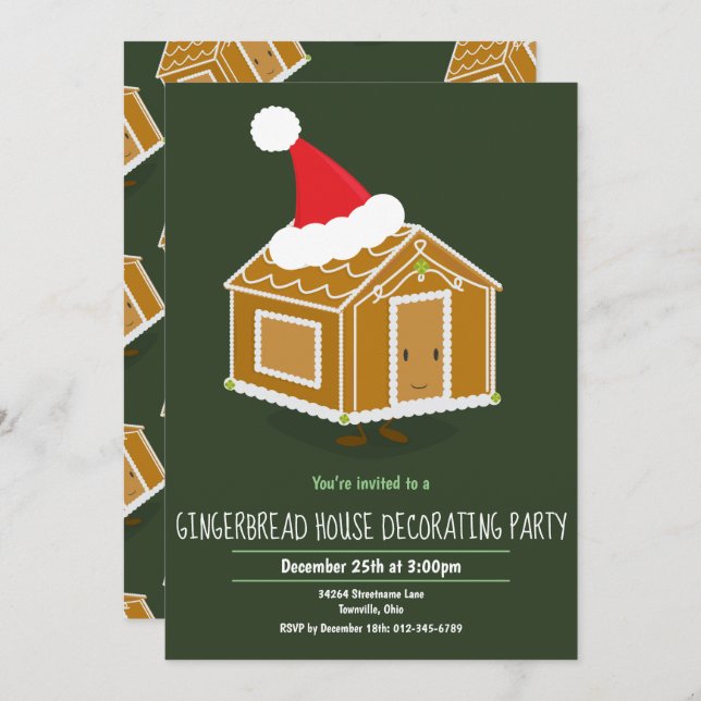 Gingerbread House Decorating Party Invite Green (Front/Back)