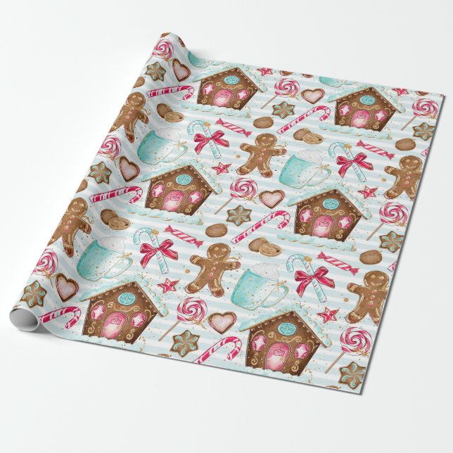 Gingerbread house gingerbread man candy cane wrapping paper (Unrolled)
