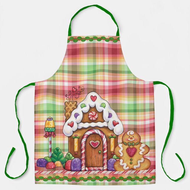 Gingerbread House & Gingerbread Man Plaid Apron (Front)