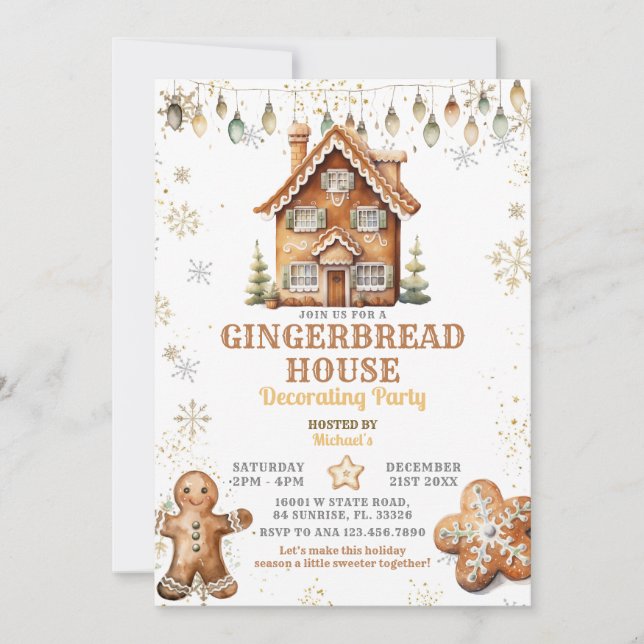 Gingerbread House Gold Christmas Decorating Party Invitation (Front)