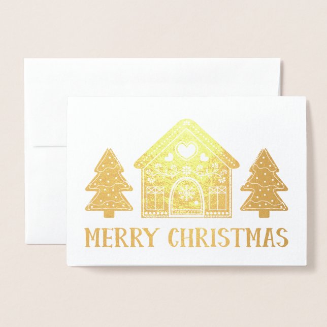 Gingerbread House Gold Foil Merry Christmas Card (Front With Envelope)