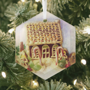 Gingerbread House Hexagon Glass Ornament