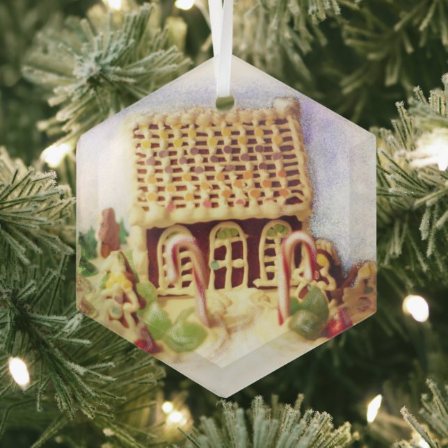 Gingerbread House Hexagon Glass Ornament (Insitu)