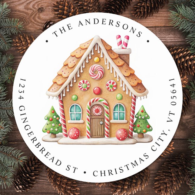 Gingerbread House Holiday Moving Return Address  Classic Round Sticker (Creator Uploaded)