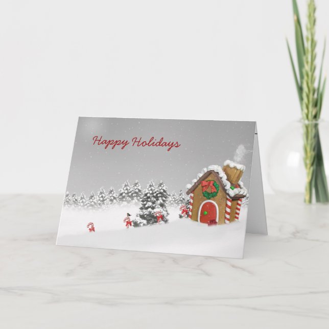 Gingerbread House In Snow Holiday Card (Front)