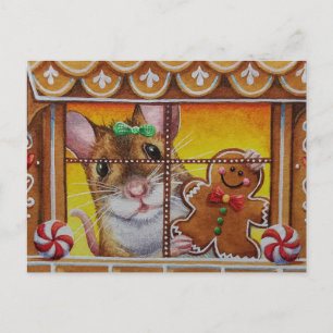 Gingerbread House Mouse & Cookie Watercolor Art Postcard