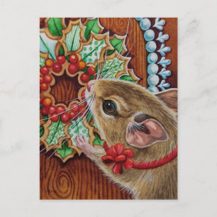 Gingerbread House Mouse & Wreath Watercolor Art Postcard