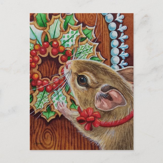 Gingerbread House Mouse & Wreath Watercolor Art Postcard (Front)