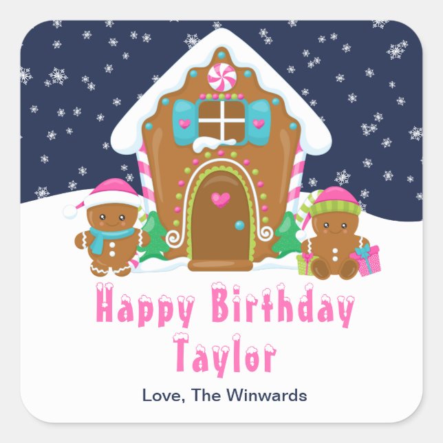 Gingerbread House Navy and Pink Happy Birthday Square Sticker (Front)