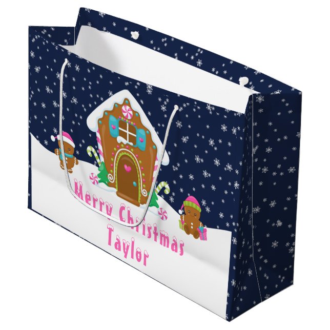 Gingerbread House Navy and Pink Merry Christmas Large Gift Bag (Front Angled)