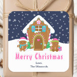 Gingerbread House Navy and Pink Merry Christmas Square Sticker<br><div class="desc">This cute and festive Merry Christmas sticker can be personalized with a name, relation or title. It features a cute gingerbread house decorated with pink and green candy. Beside it are adorable gingerbread men with gifts, dressed in Santa hats and a scarf. In the background is a navy blue winter...</div>