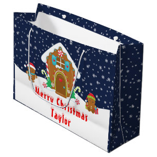 Gingerbread House Navy and Red Merry Christmas Large Gift Bag