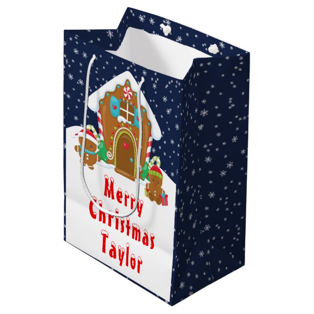 Gingerbread House Navy and Red Merry Christmas Medium Gift Bag (Front Angled)