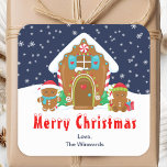 Gingerbread House Navy and Red Merry Christmas Square Sticker<br><div class="desc">This cute and festive Merry Christmas sticker can be personalized with a name, relation or title. It features a cute gingerbread house decorated with red and green candy. Beside it are adorable gingerbread men with gifts, dressed in Santa hats and a scarf. In the background is a navy blue winter...</div>