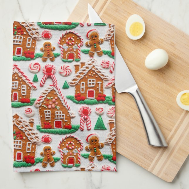 Gingerbread House Needlework Christmas Holidays Kitchen Towel (Quarter Fold)